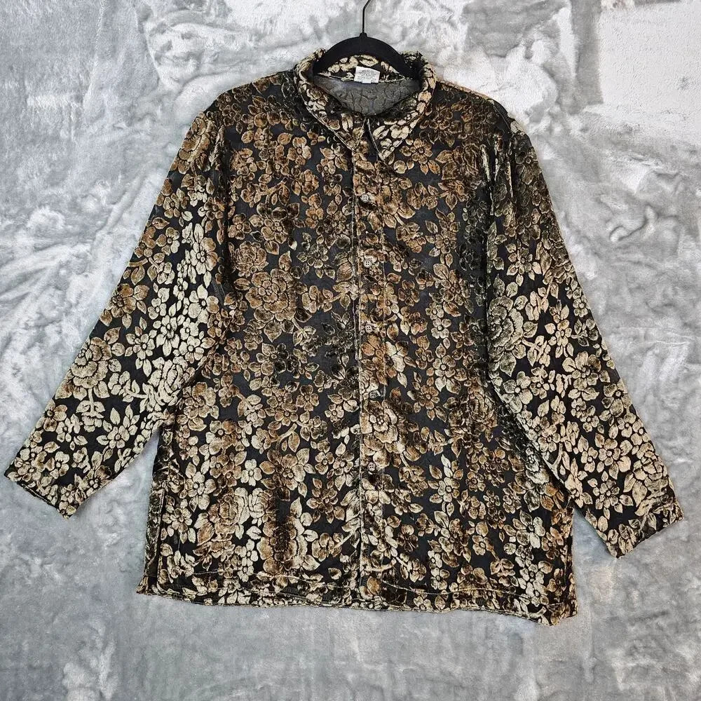 CP Shades Top Womens Medium Black Gold Velvet Burnout Boho Cottagecore